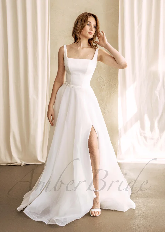 Wedding dresses with lace-up back details-Simple A Line Satin Wedding Dress with Square Neck and Organza Skirt Wedding dresses with lace-up back details-Simple A Line Satin Wedding Dress with Square Neck and Organza Skirt