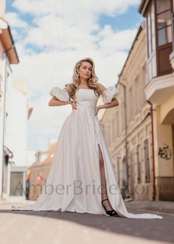 Wedding dresses for a rustic outdoor wedding-Simple A Line Strapless High Slit Satin Wedding Dress Wedding dresses for a rustic outdoor wedding-Simple A Line Strapless High Slit Satin Wedding Dress