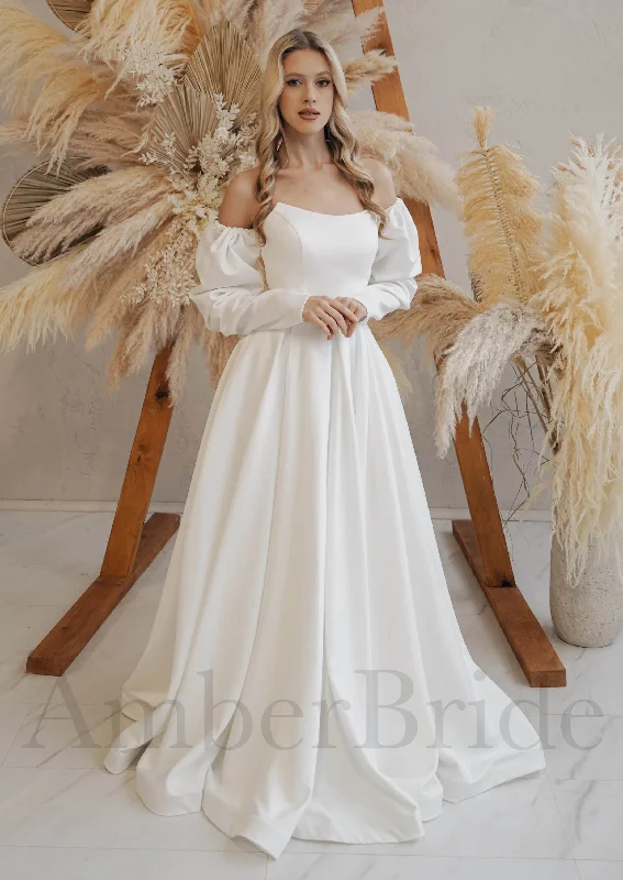 Wedding dresses for brides who prefer simplicity-Simple A Line Strapless Satin Wedding Dress with Removable Long Sleeves Wedding dresses for brides who prefer simplicity-Simple A Line Strapless Satin Wedding Dress with Removable Long Sleeves