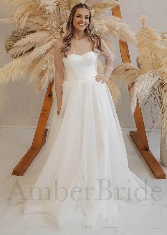 How to make your wedding dress unique to you-Simple A Line Tulle and Satin Wedding Dress with Sweetheart Neckline and Illusion Design How to make your wedding dress unique to you-Simple A Line Tulle and Satin Wedding Dress with Sweetheart Neckline and Illusion Design