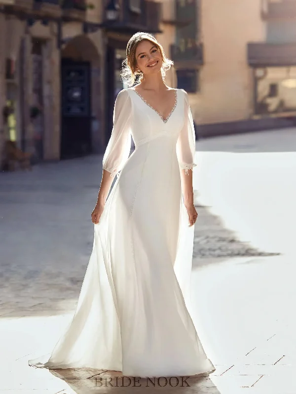 Simple and Elegant Chiffon A-Line Wedding Dress with 3/4 Sleeves