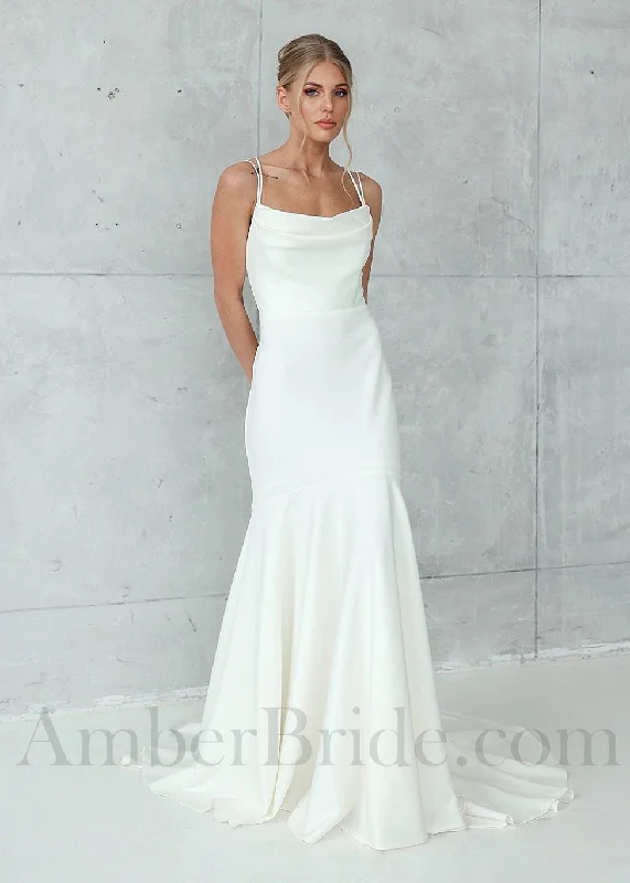 Best bridal wedding dresses for destination weddings-Simple Backless Soft and Stretchy Crepe Mermaid Wedding Dress with Spaghetti Straps Best bridal wedding dresses for destination weddings-Simple Backless Soft and Stretchy Crepe Mermaid Wedding Dress with Spaghetti Straps