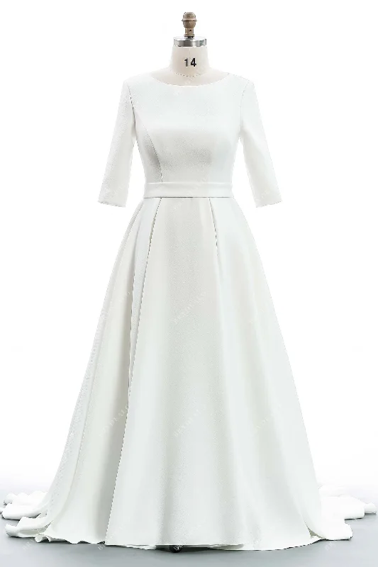 Boat Neck 3/4 Sleeve Designed Satin Modest Wedding Dress