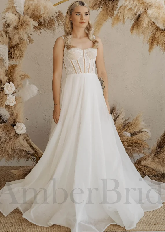Wedding dresses for romantic outdoor weddings-Simple Boho A Line Wedding Dress with Spaghetti Straps and Organza Skirt Wedding dresses for romantic outdoor weddings-Simple Boho A Line Wedding Dress with Spaghetti Straps and Organza Skirt
