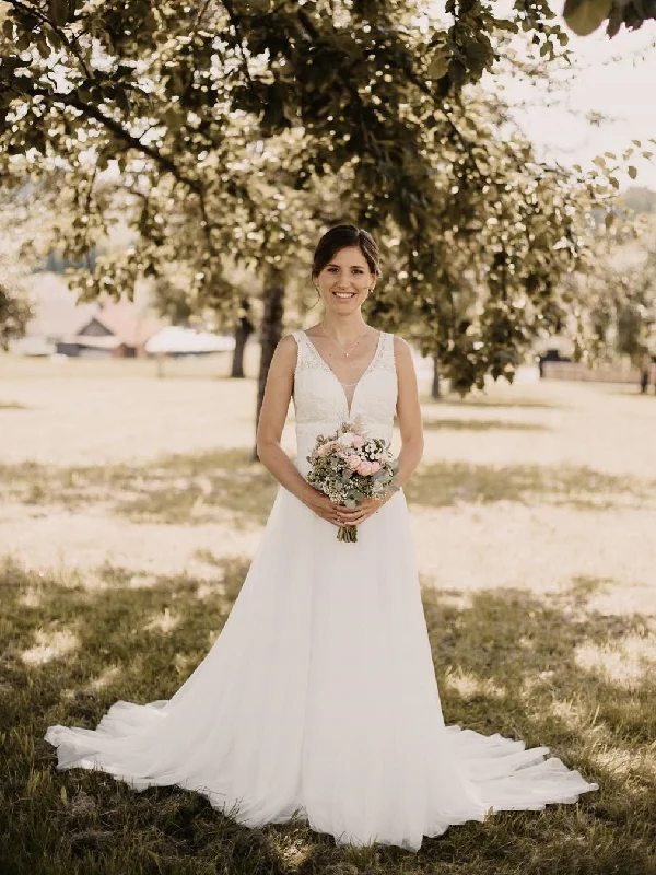 Simple Chiffon V-Neck A-line Sweep Train Wedding Dresses Backless Bridal Gowns WD438 Simple Chiffon V-Neck A-line Sweep Train Wedding Dresses Backless Bridal Gowns WD438