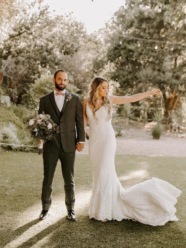 Wedding dresses with lace for a delicate touch-Simple Lace Backless Spaghetti Straps V-Neck Mermaid Wedding Dress WD497 Wedding dresses with lace for a delicate touch-Simple Lace Backless Spaghetti Straps V-Neck Mermaid Wedding Dress WD497