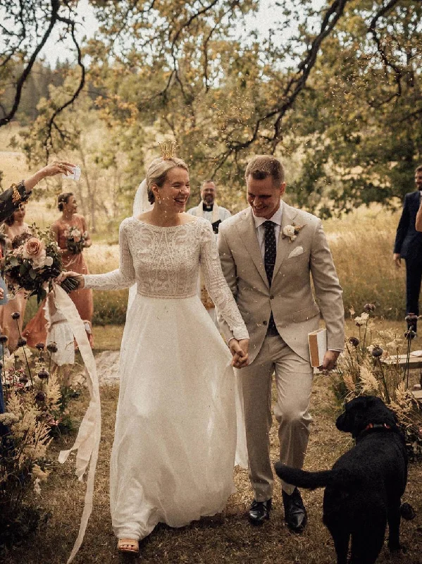 Choosing the best wedding dress for your venue-Simple Lace Chiffon A-line Backless Wedding Dresses Country With Long Sleeves Gowns WD388 Choosing the best wedding dress for your venue-Simple Lace Chiffon A-line Backless Wedding Dresses Country With Long Sleeves Gowns WD388