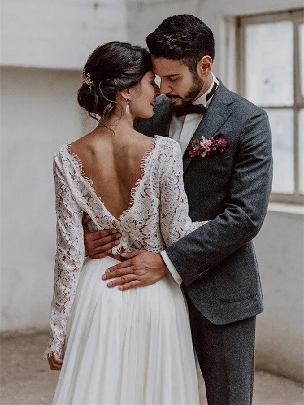 Wedding dresses with clean lines for a minimalist appearance-Simple Lace Two-piece Wedding Dresses A-line Summer Gowns WD070 Wedding dresses with clean lines for a minimalist appearance-Simple Lace Two-piece Wedding Dresses A-line Summer Gowns WD070