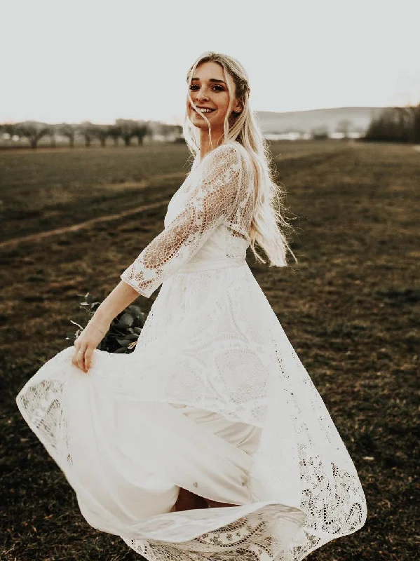 Wedding dresses with satin fabric for a luxurious finish-Simple Long Sleeves Lace Backless Wedding Dresses A-line Bridal Gowns WD381