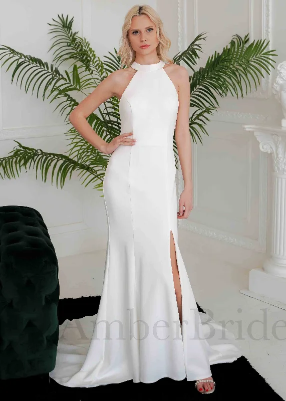 Wedding dresses for different wedding themes-Simple Mermaid Satin Wedding Dress with Halter Neck and Backless Design Wedding dresses for different wedding themes-Simple Mermaid Satin Wedding Dress with Halter Neck and Backless Design