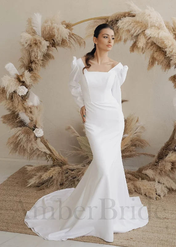 Wedding dresses with subtle elegance for a refined look-Simple Mermaid Satin Wedding Dress with Long Puffy Sleeve Wedding dresses with subtle elegance for a refined look-Simple Mermaid Satin Wedding Dress with Long Puffy Sleeve
