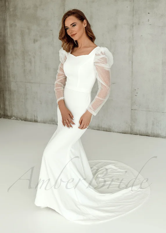 Wedding dresses with lace details for a romantic vibe-Simple Mermaid Satin Wedding Dress with Puffy Shoulders Long Sleeve Wedding dresses with lace details for a romantic vibe-Simple Mermaid Satin Wedding Dress with Puffy Shoulders Long Sleeve