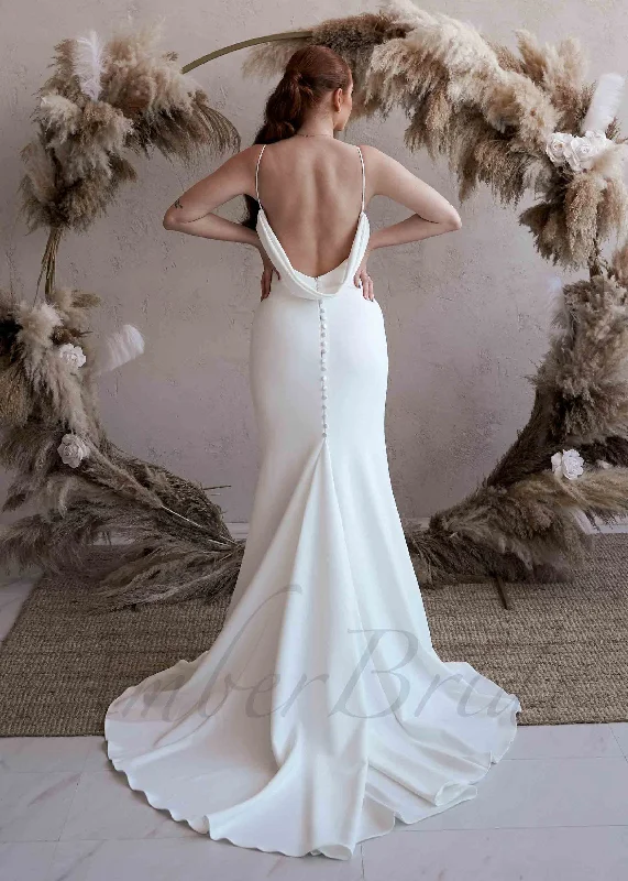 Affordable wedding dresses with open back designs-Simple Satin Mermaid Wedding Dress with V-Neck, Spaghetti Straps and Low Back