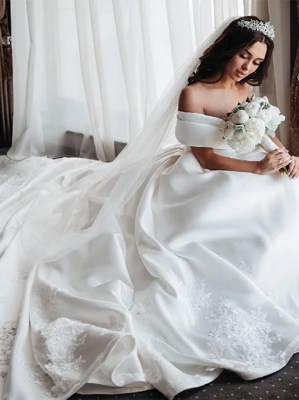 Wedding dresses for a glamorous, red-carpet look-Simple Satin Off-the-shoulder Ball Gown Wedding Dresses WD195 Wedding dresses for a glamorous, red-carpet look-Simple Satin Off-the-shoulder Ball Gown Wedding Dresses WD195