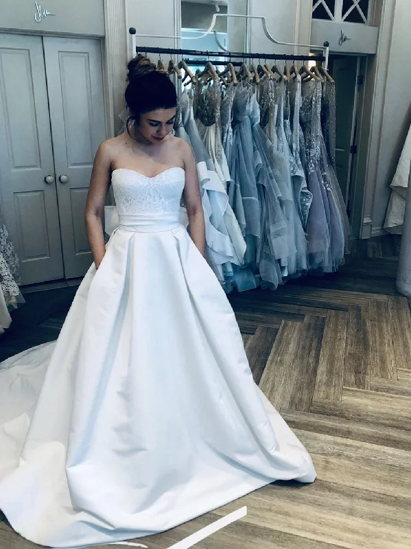 Simple Satin Off-The-Shoulder Princess Wedding Dresses A-line Strapless Bridal Gowns WD441 Simple Satin Off-The-Shoulder Princess Wedding Dresses A-line Strapless Bridal Gowns WD441