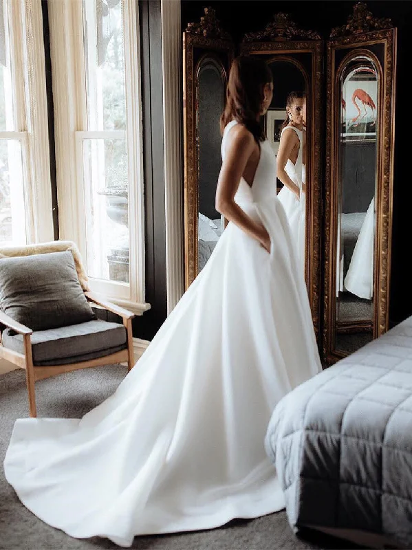 Wedding dresses with a sweetheart neckline for a romantic touch-Simple Satin Wedding Dresses A-line Long Bridal Gowns WD204 Wedding dresses with a sweetheart neckline for a romantic touch-Simple Satin Wedding Dresses A-line Long Bridal Gowns WD204