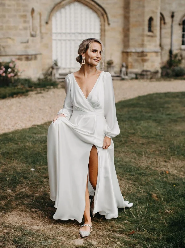 Affordable wedding dresses with long sleeves-Simple Slit V-Neck Backless Satin Chiffon Wedding Dresses A-line Long Sleeves WD521 Affordable wedding dresses with long sleeves-Simple Slit V-Neck Backless Satin Chiffon Wedding Dresses A-line Long Sleeves WD521