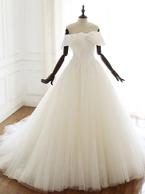 Simple Tulle Bowknot Beads Off-the-shoulder Ball Gown Chapel Train Wedding Dresses WD516
