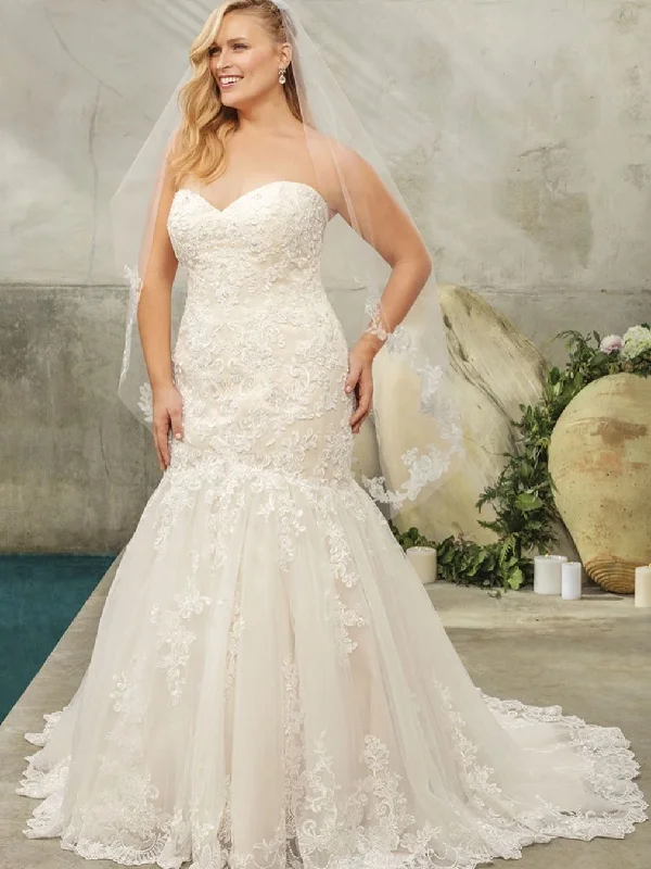 Simple Tulle Strapless Mermaid with Appliques Sweep Train Wedding Dresses WD478
