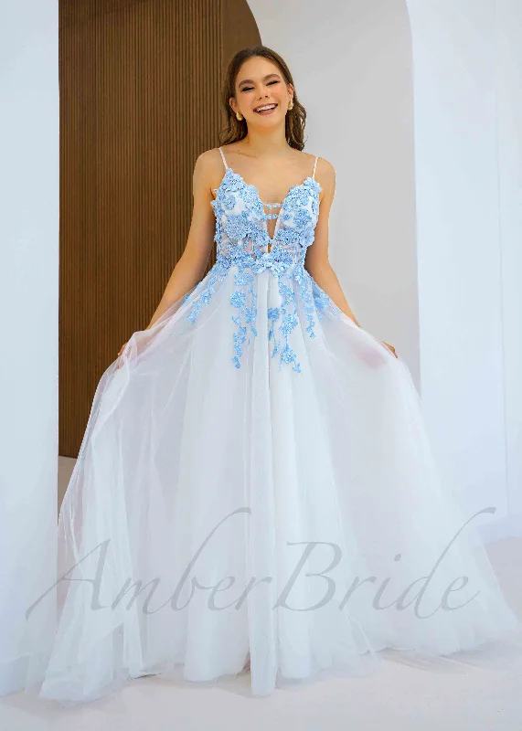 Wedding dresses for an outdoor garden wedding-Sky Blue Floral Tulle Wedding Dress with Spaghetti Straps and Open Back