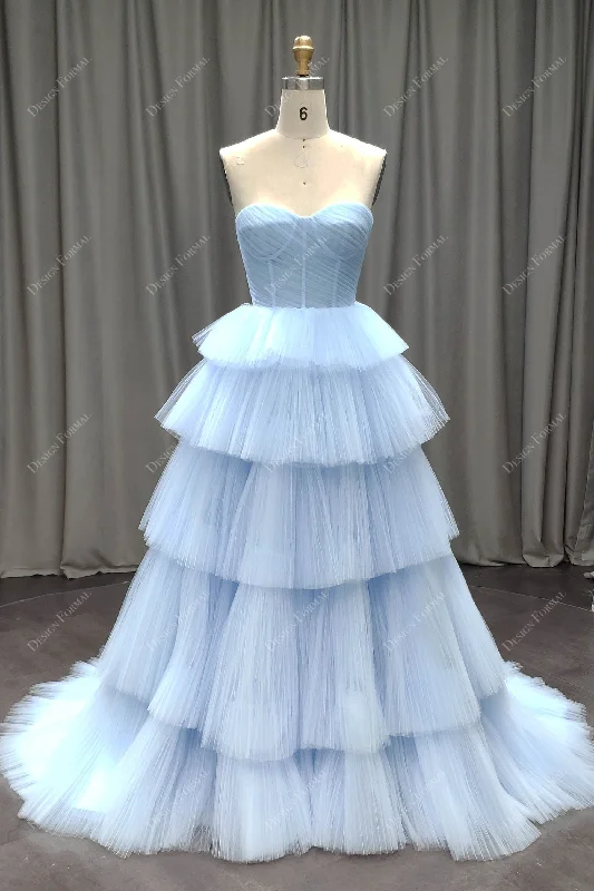 Sky Blue Tiered Pleated Tulle Corset Formal Dress