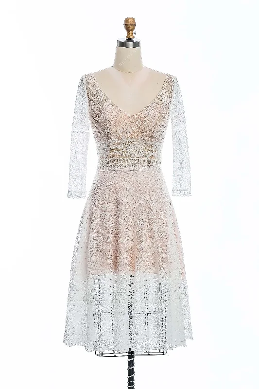 Sheer Sleeves Short Boho Lace V-neck City Wedding Dress