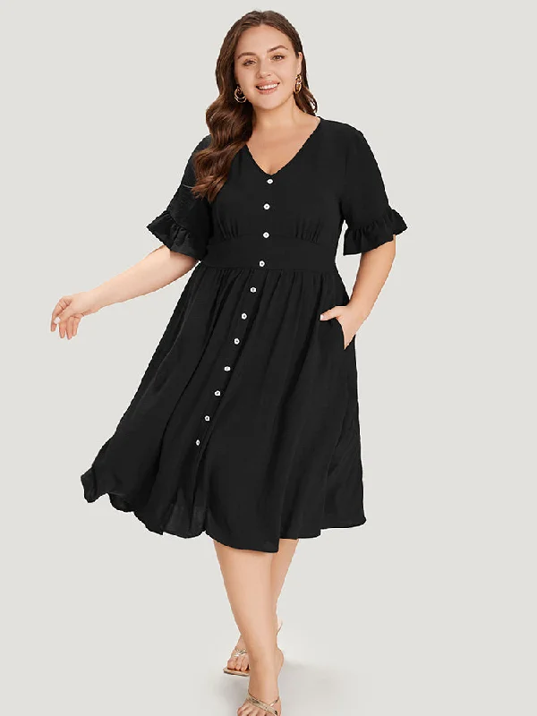 Wedding dresses for traditional church weddings-Solid Bell Sleeve Button Detail Pocket Gathered Dress Wedding dresses for traditional church weddings-Solid Bell Sleeve Button Detail Pocket Gathered Dress