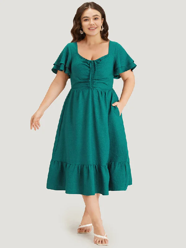 Where to find wedding dresses for a plus-size bride-Solid Drawstring Pocket Ruffle Trim Layered Dress Where to find wedding dresses for a plus-size bride-Solid Drawstring Pocket Ruffle Trim Layered Dress