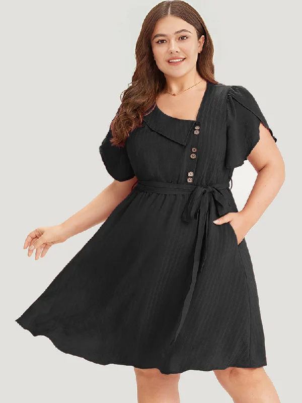 Wedding dresses with statement sleeves for extra drama-Solid Irregular Neck Pocket Button Detail Petal Sleeve Dress Wedding dresses with statement sleeves for extra drama-Solid Irregular Neck Pocket Button Detail Petal Sleeve Dress
