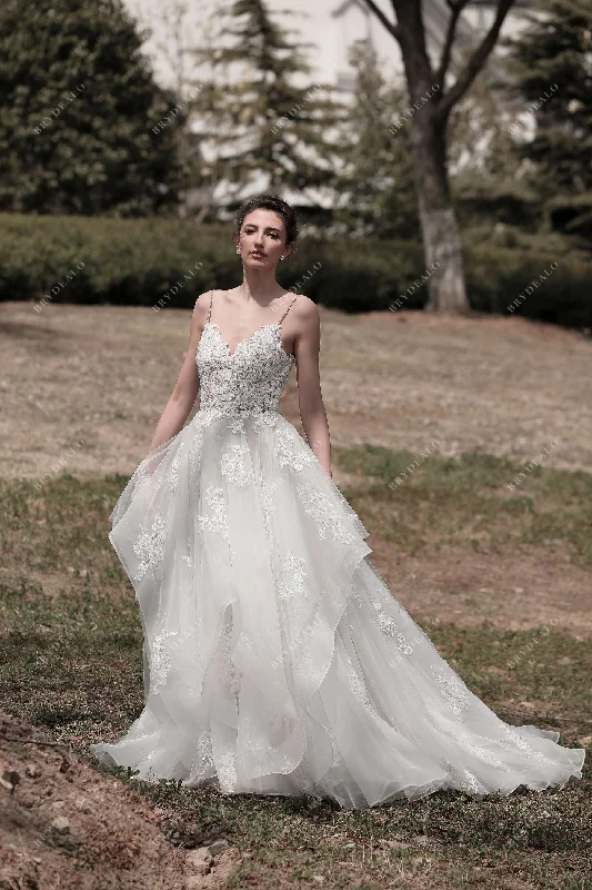 Spaghetti Strap Princess Lace Ball Gown Ruffled Tulle Bridal Dress