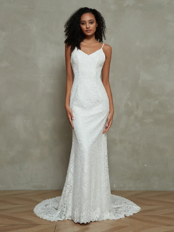 Wedding dresses with satin fabric for a smooth finish-Spaghetti Strap Mermaid Lace Simple Bridal Dresses-Ivory Wedding dresses with satin fabric for a smooth finish-Spaghetti Strap Mermaid Lace Simple Bridal Dresses-Ivory
