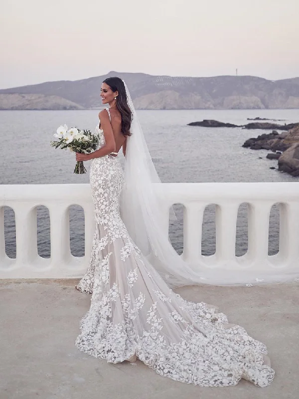 Wedding dresses with detailed lacework for extra elegance-Spaghetti Straps Mermaid Wedding Dresses Lace Appliqued Gowns WD269