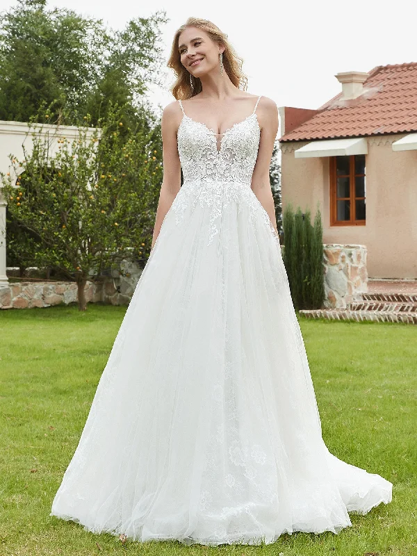 Wedding dresses with low backs for a daring look-Spaghetti Straps Plunging V-Neck Backless Bridal Gown-Ivory Wedding dresses with low backs for a daring look-Spaghetti Straps Plunging V-Neck Backless Bridal Gown-Ivory