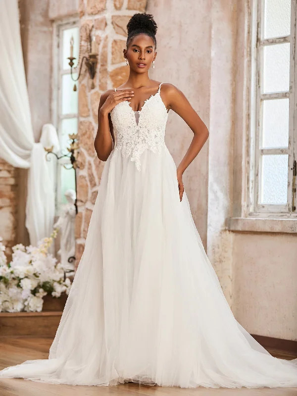 Wedding dresses for a beach wedding with light fabrics-Spaghetti Straps Plunging V-Neck Lace Bodice Wedding Dress-Ivory Wedding dresses for a beach wedding with light fabrics-Spaghetti Straps Plunging V-Neck Lace Bodice Wedding Dress-Ivory
