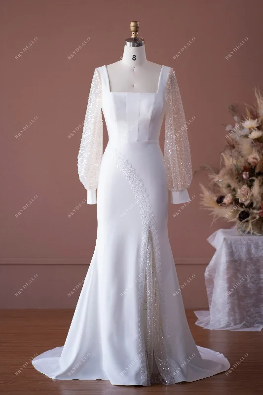 Beaded Sleeves Square Neck Mermaid Crepe Wedding Dress