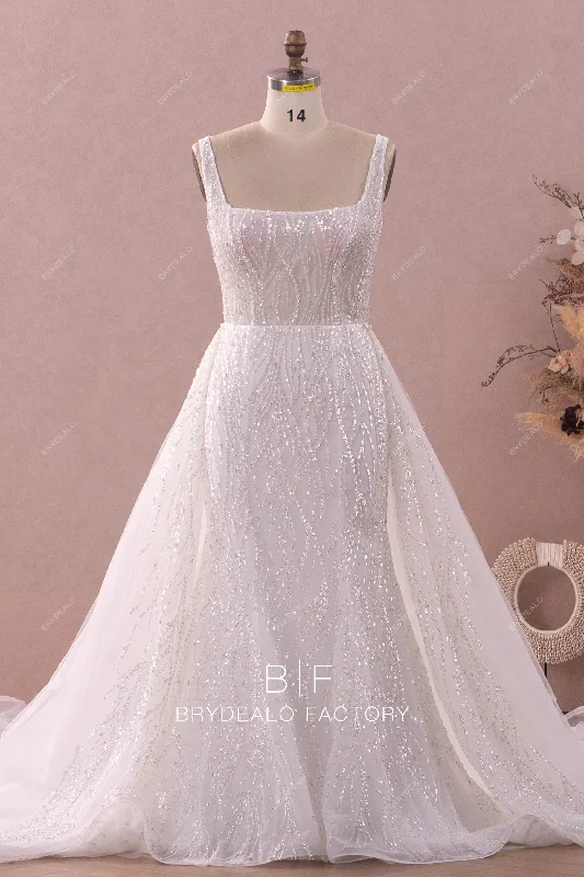 Sparkly Square Neck Luxury Overskirt Wedding Ball Gown