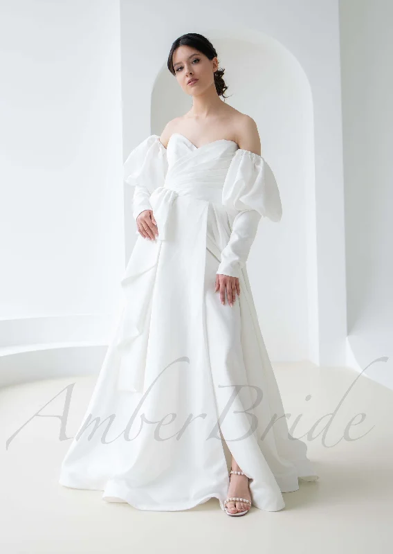 Choosing a wedding dress with a contemporary design-Strapless A Line Satin Wedding Dress with Detachable Bishop Sleeves Choosing a wedding dress with a contemporary design-Strapless A Line Satin Wedding Dress with Detachable Bishop Sleeves