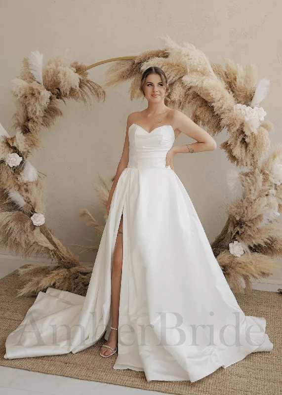 Wedding dresses for brides who prefer classic styles-Strapless A Line Satin Wedding Dress with High Slit and Court Train Wedding dresses for brides who prefer classic styles-Strapless A Line Satin Wedding Dress with High Slit and Court Train