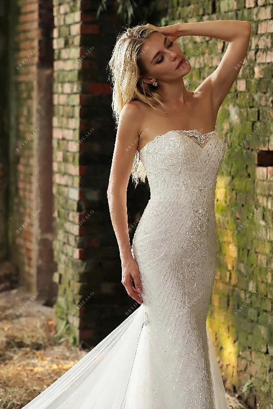 Strapless Beaded Lace Mermaid Garden Long Train Wedding Dress