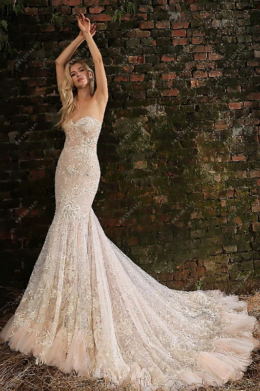 Designer Shimmery Lace Strapless Corset Mermaid Wedding Dress