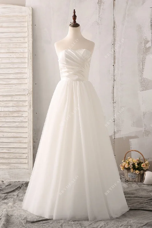 Simple Ruched Strapless Satin Tulle Bridal Gown