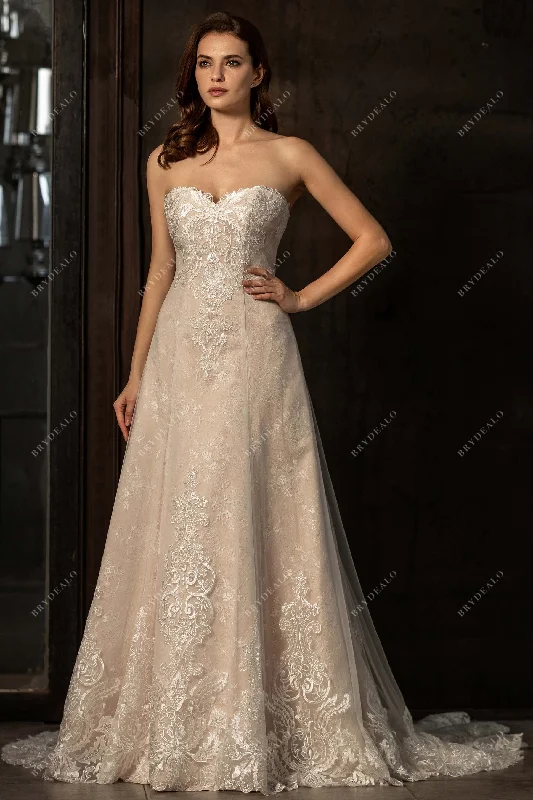 Strapless Sweetheart Lace Nude A-line Destination Wedding Dress