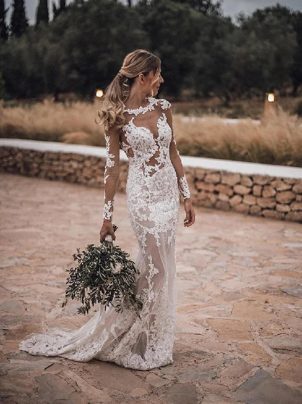 Wedding dresses with intricate lacework for added elegance-Stunning Bateau Lace Wedding Dresses Sheath Long Sleeves Gowns WD201 Wedding dresses with intricate lacework for added elegance-Stunning Bateau Lace Wedding Dresses Sheath Long Sleeves Gowns WD201