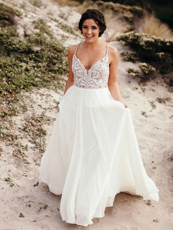 How to style your wedding dress for a unique appearance-Stunning Chiffon Spaghetti Straps Neckline A-line Wedding Dresses With Beaded WD168 How to style your wedding dress for a unique appearance-Stunning Chiffon Spaghetti Straps Neckline A-line Wedding Dresses With Beaded WD168
