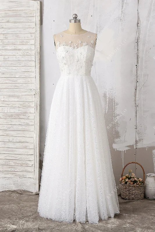 Stunning Glitter Tulle Wedding Dress with Floral Lace Appliques