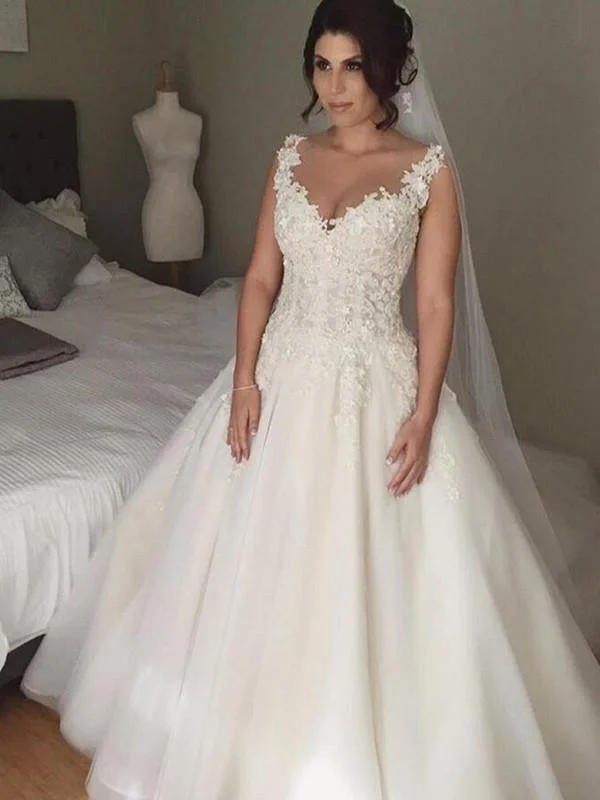 Stunning Tulle V-neck Neckline Sweep Train Ball Gown Wedding Dress WD048
