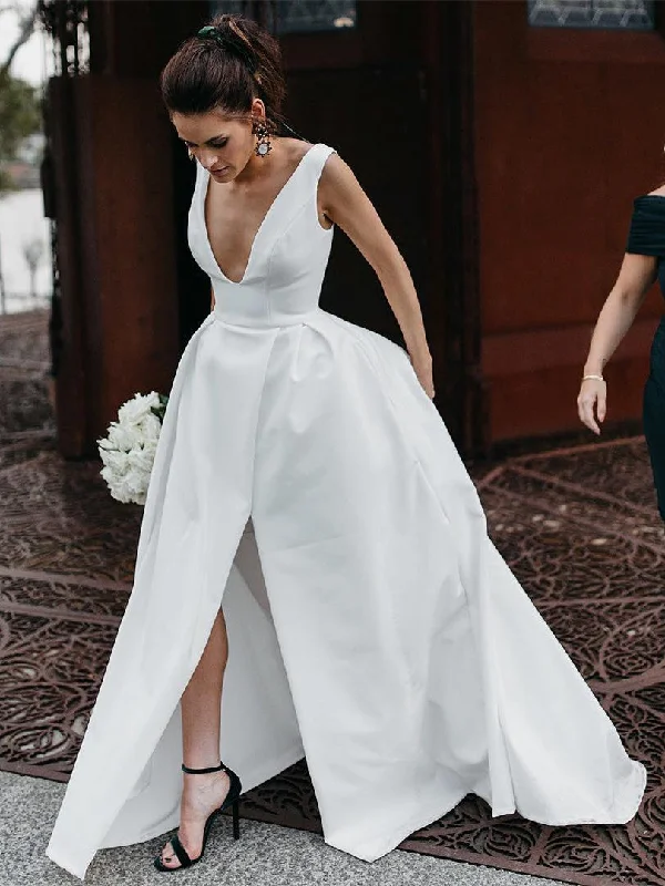 Off-shoulder wedding dresses for a chic style-Stunning V-neck Satin Wedding Dresses A-line Bridal Gowns WD199 Off-shoulder wedding dresses for a chic style-Stunning V-neck Satin Wedding Dresses A-line Bridal Gowns WD199