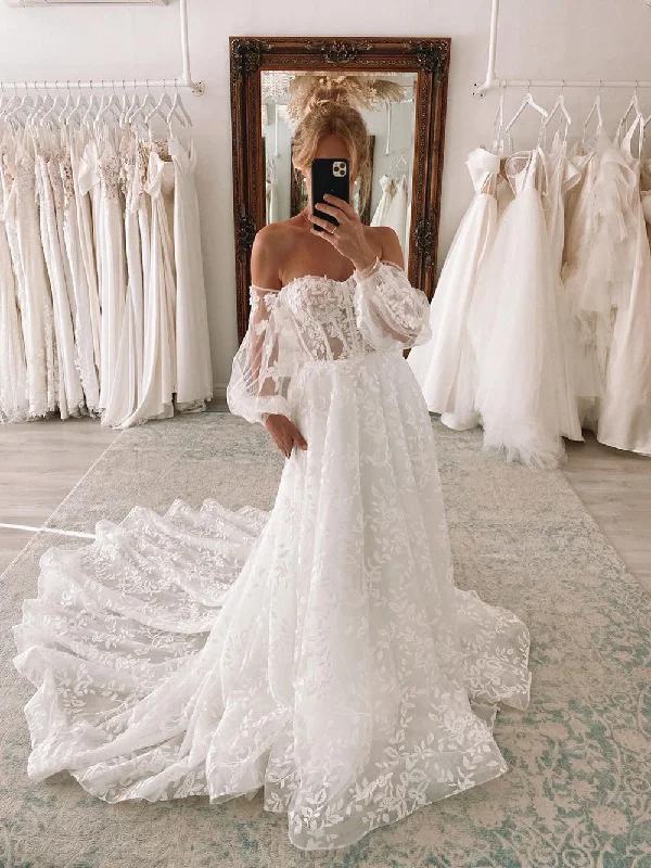 Sweetheart Neck Ball Gown Lace Wedding Dress With Detachable Puff Sleeves WD1913