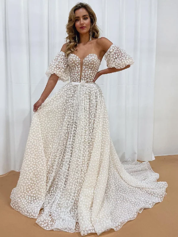 Sweetheart Neck Ball Gown Polka Dots Wedding Dress with Detachable Puff Sleeves WD1914 Sweetheart Neck Ball Gown Polka Dots Wedding Dress with Detachable Puff Sleeves WD1914