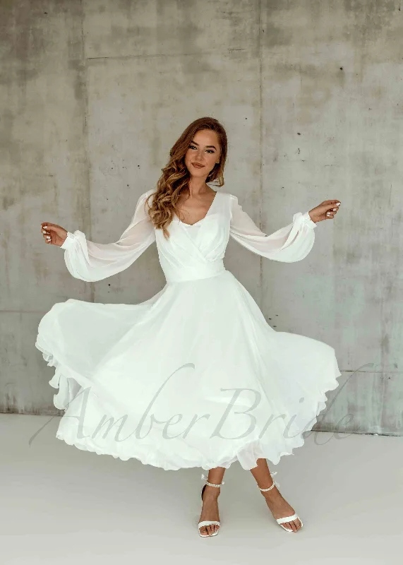 Wedding dresses with vintage designs for an old-fashioned feel-Tea-Length Chiffon Dress with Puffy Long Sleeves for Wedding Reception Wedding dresses with vintage designs for an old-fashioned feel-Tea-Length Chiffon Dress with Puffy Long Sleeves for Wedding Reception